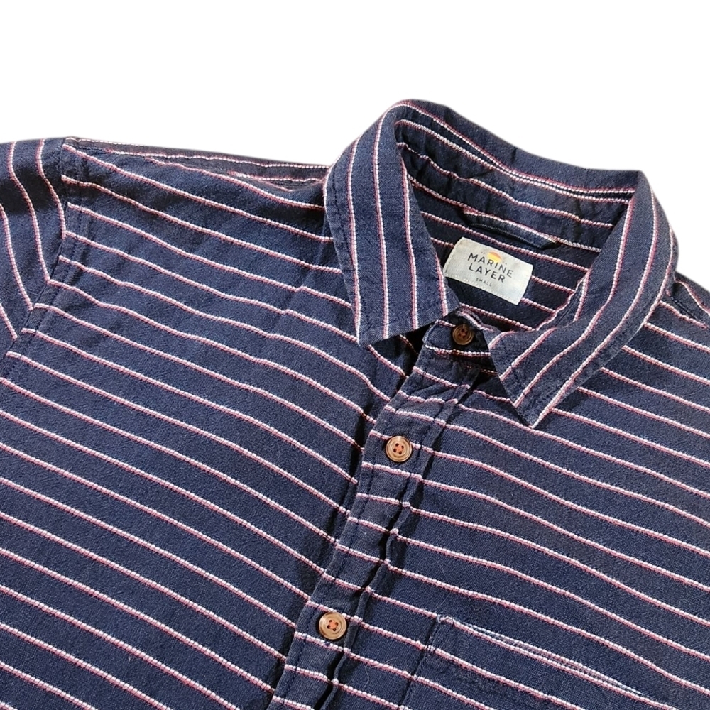 Marine Layer Shirt Mens Small Blue Red Striped Button Up Short Sleeve Cotton